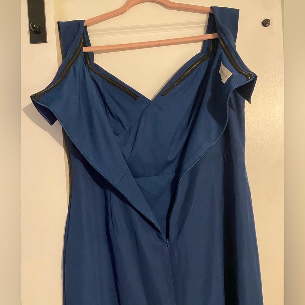 After Six - Deep Teal Atlantic Blue Off the Shoulder Crepe Gown Maxi Dress - Picture 10 of 15